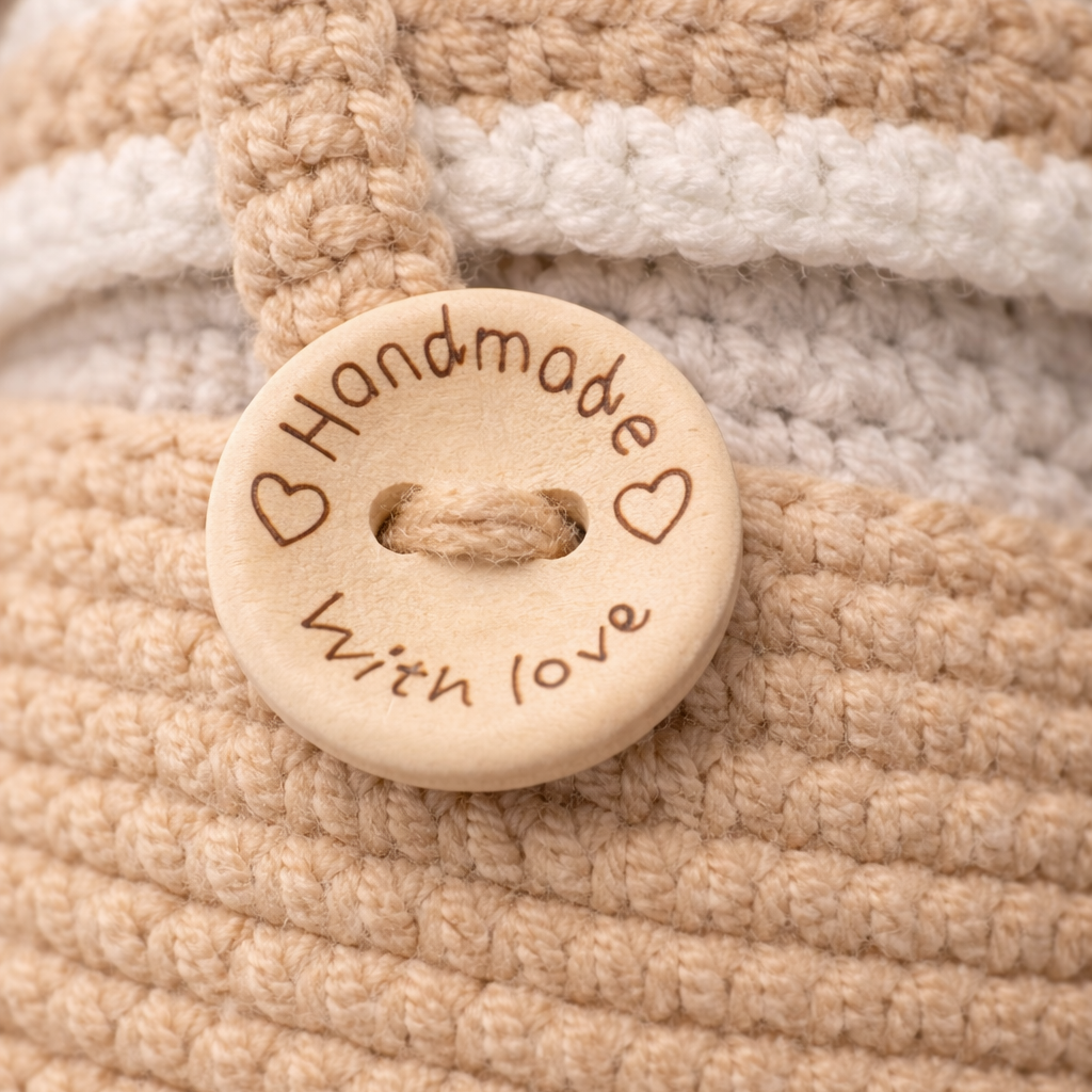 MINKIBEAR crocheted teddy bear with handmade wooden “with love” button detail