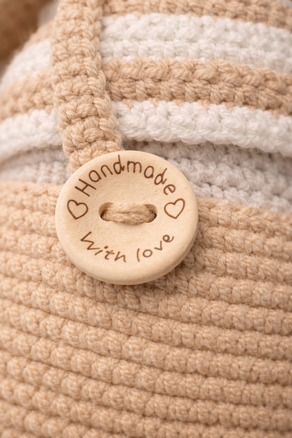 MINKIBEAR crocheted teddy bear with handmade wooden “with love” button detail
