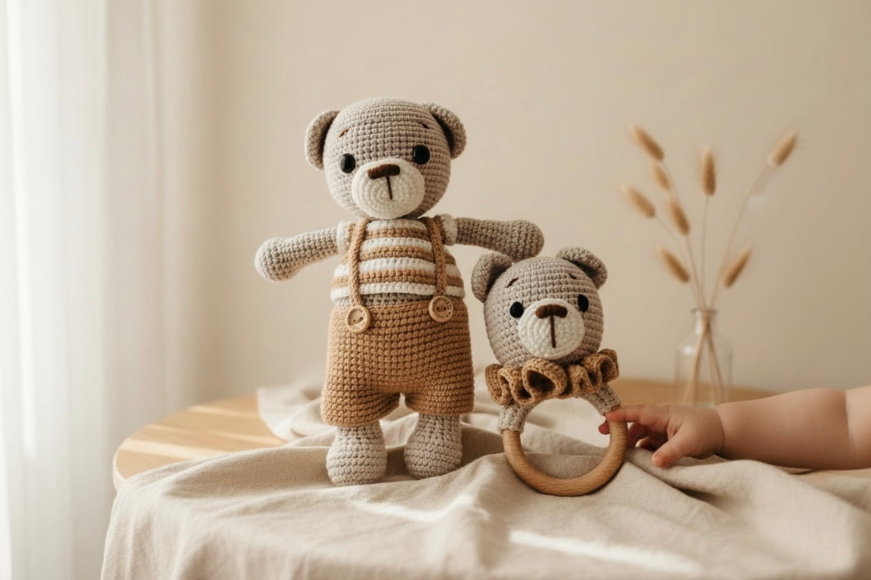 MINKIBEAR Neutral beige crocheted teddy bear and rattle baby gift set